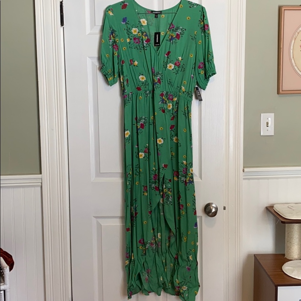 Green floral high/low dress from Express